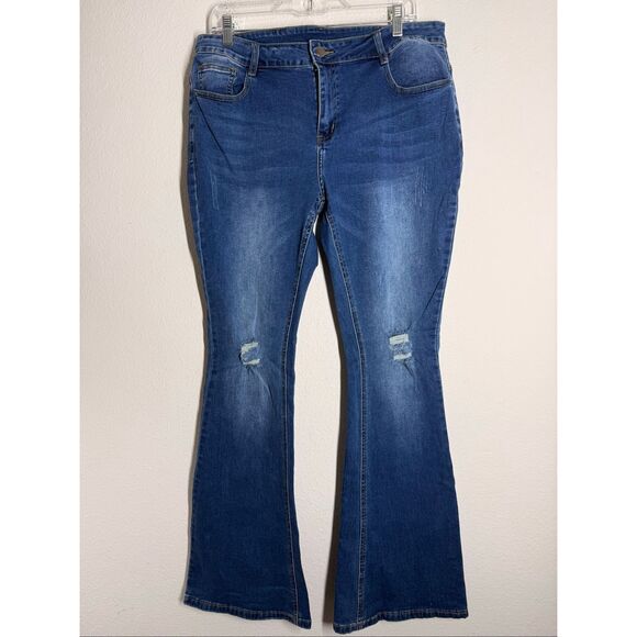 Women's Distressed Dark Wash Flare Leg Jeans Size L See Description - Picture 1 of 12